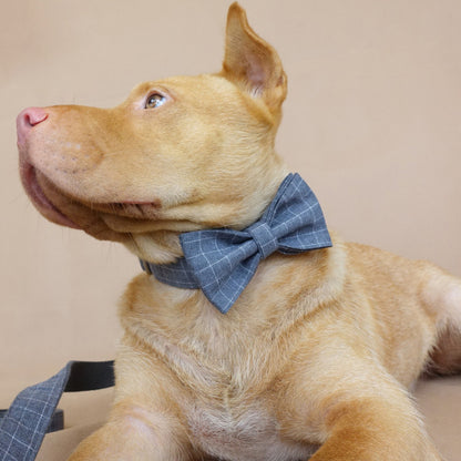 Custom Gray Plaid Dog Collar Bow Tie Set