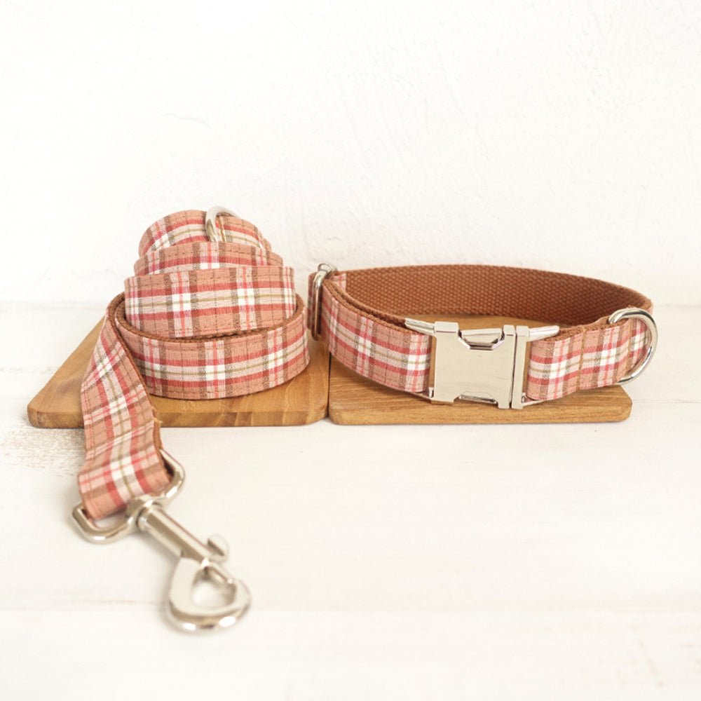 Custom Orange Plaid Dog Collar And Leash Set