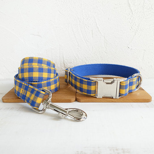 Custom Blue Yellow Plaid Dog Collar And Leash Set