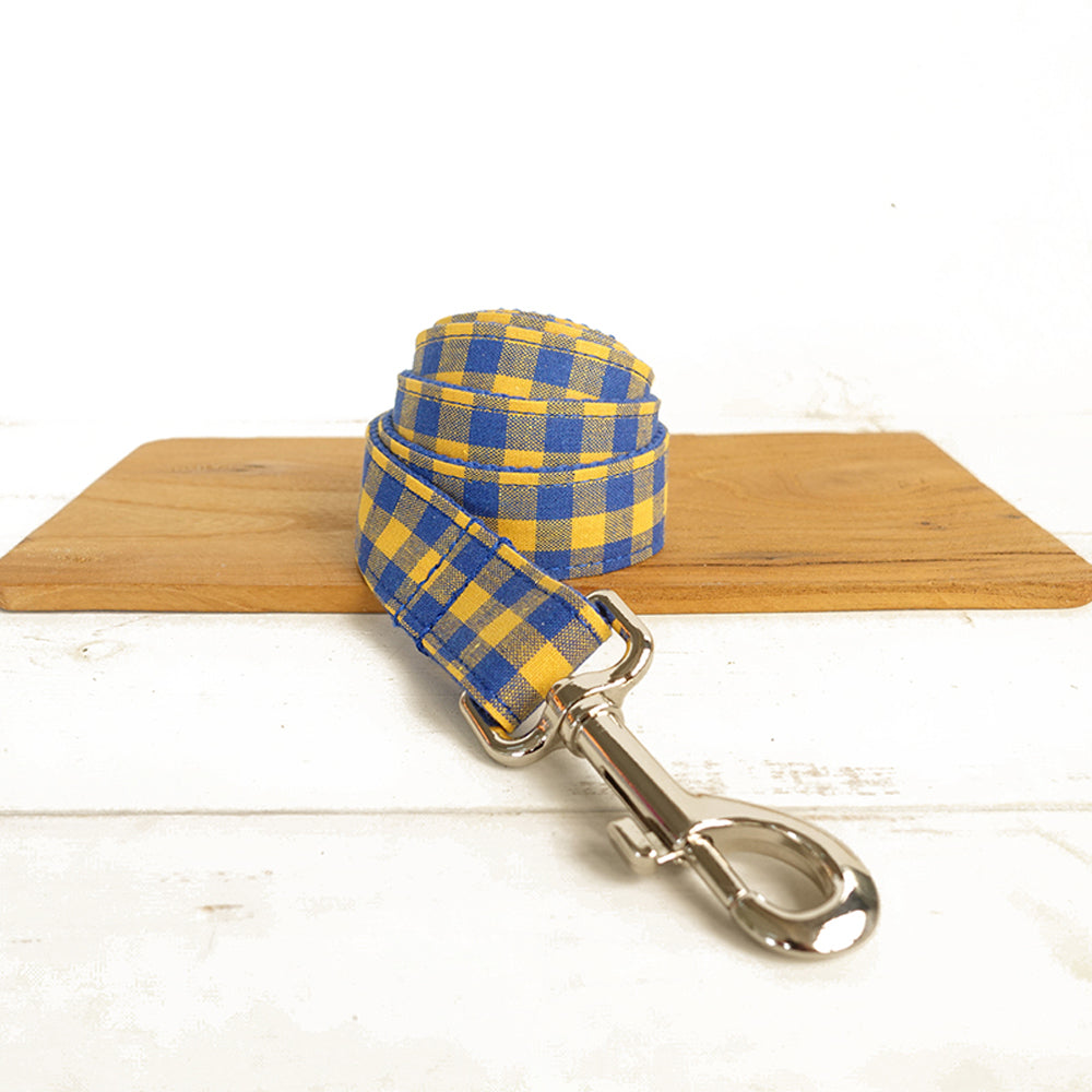 Custom Blue Yellow Plaid Dog Collar And Leash Set