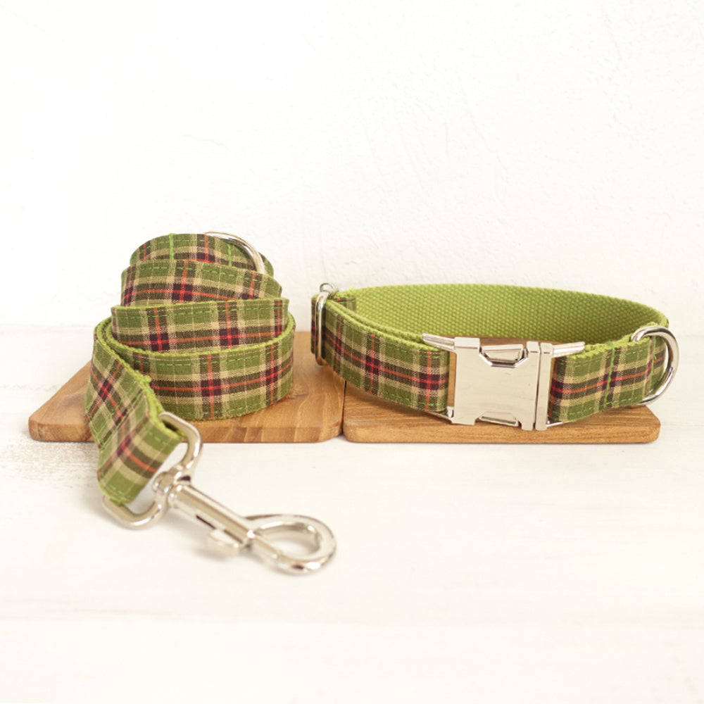 Custom Green Plaid Dog Collar And Leash Set