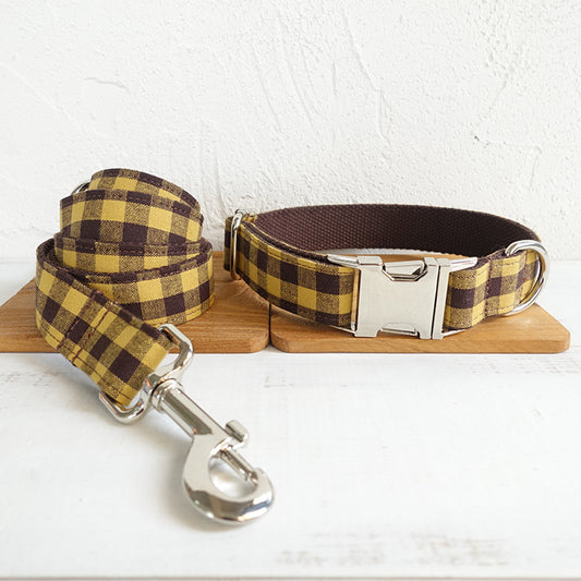 Custom Brown Yellow Plaid Dog Collar And Leash Set