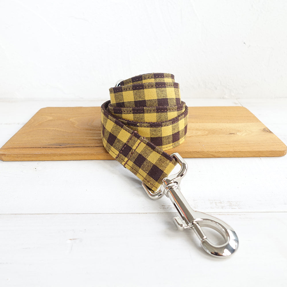 Custom Brown Yellow Plaid Dog Collar And Leash Set