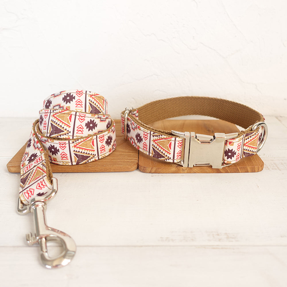 Custom Folk Brown Dog Collar And Leash Set