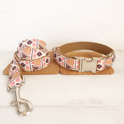 Custom Folk Brown Dog Collar And Leash Set