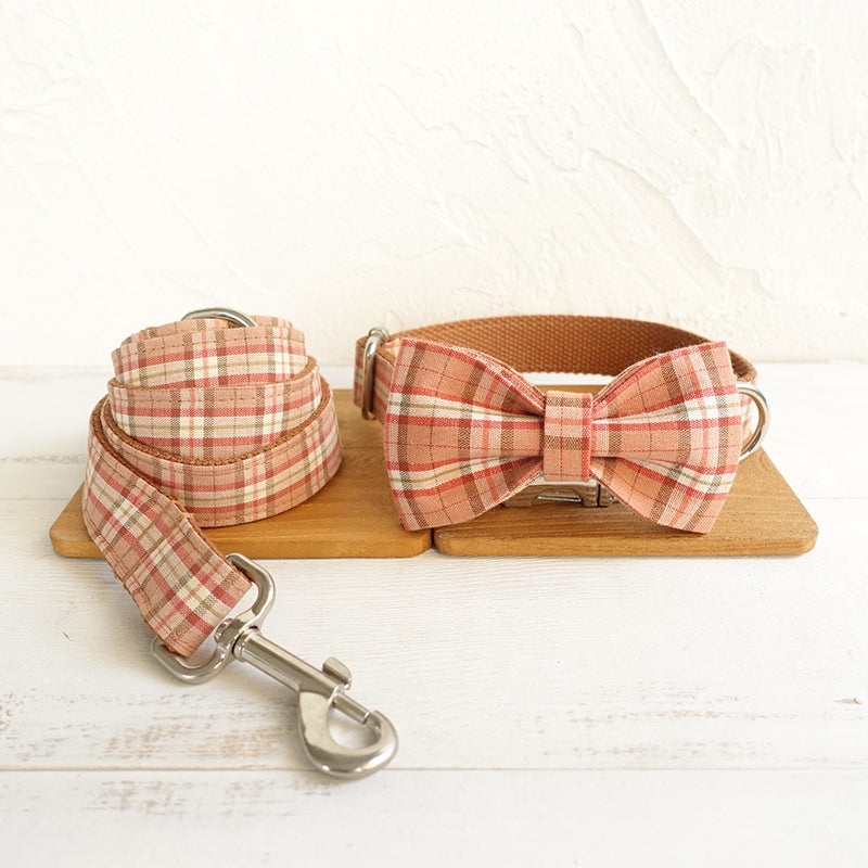 Custom Orange Plaid Dog Collar Set