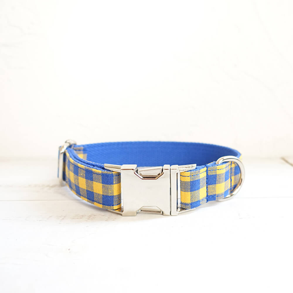 Custom Blue Yellow Plaid Dog Collar And Leash Set