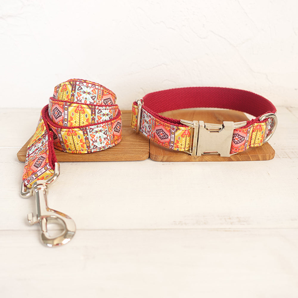 Custom Red Bohemian Dog Collar And Leash Set