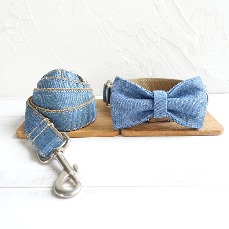 Custom Blue Denim Dog Collar Set