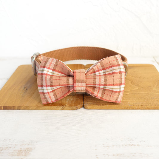 Custom Orange Plaid Dog Collar Bow Tie Set