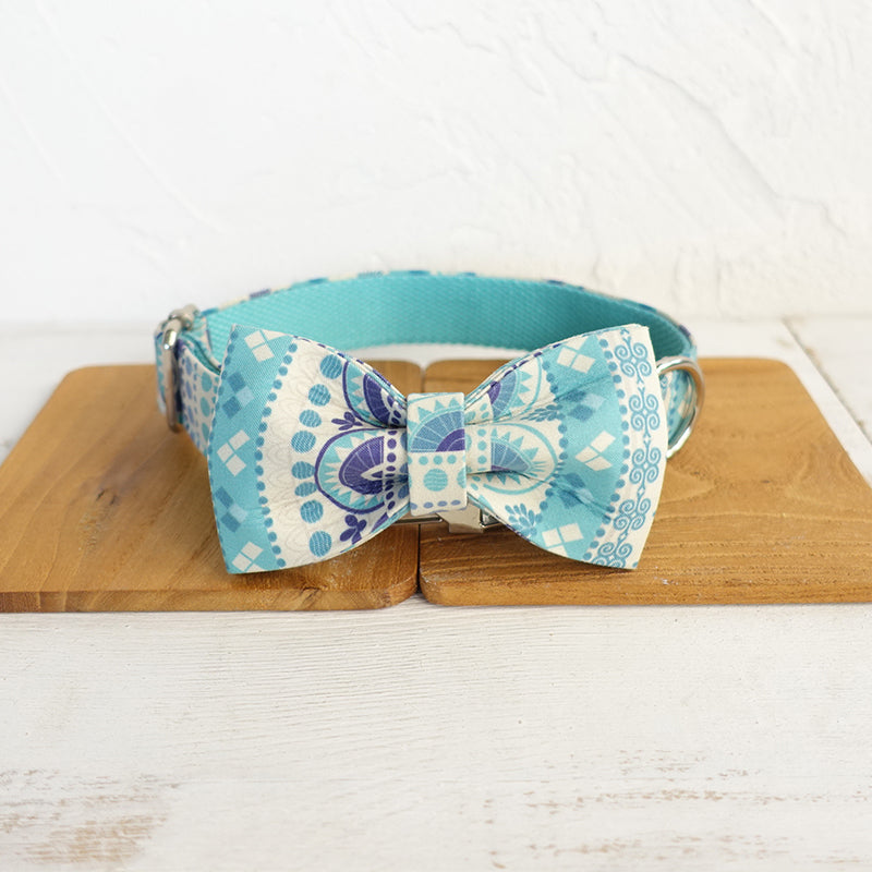 Custom Folk Blue Dog Collar Bow Tie Set