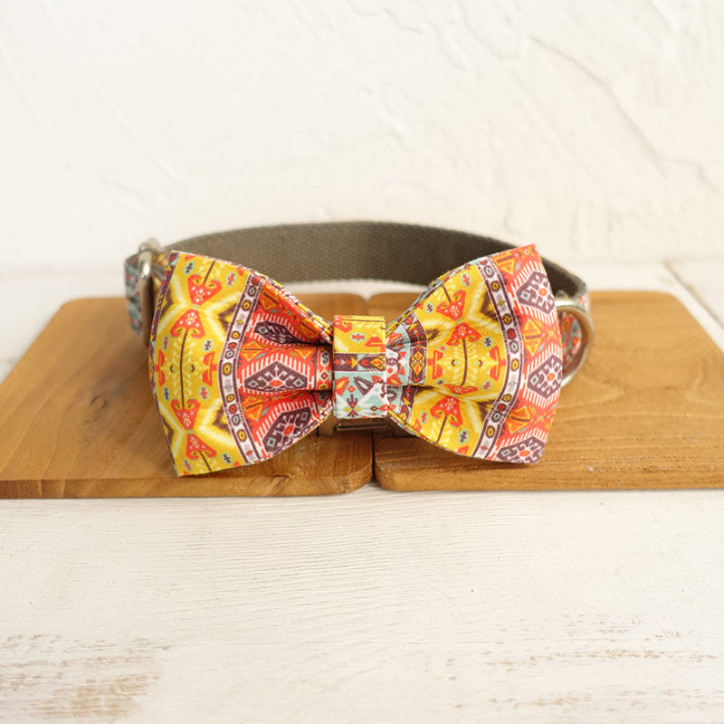 Custom Gray Bohemian Dog Collar Bow Tie Set