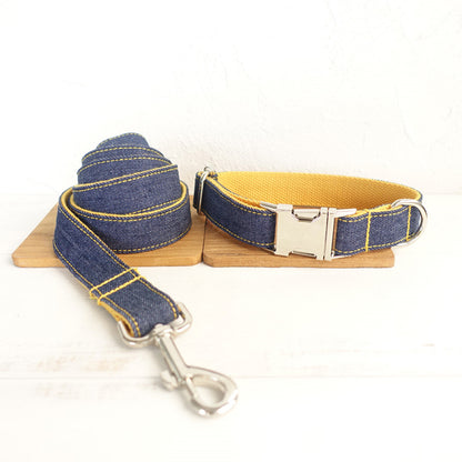 Custom Yellow Denim Dog Collar And Leash Set