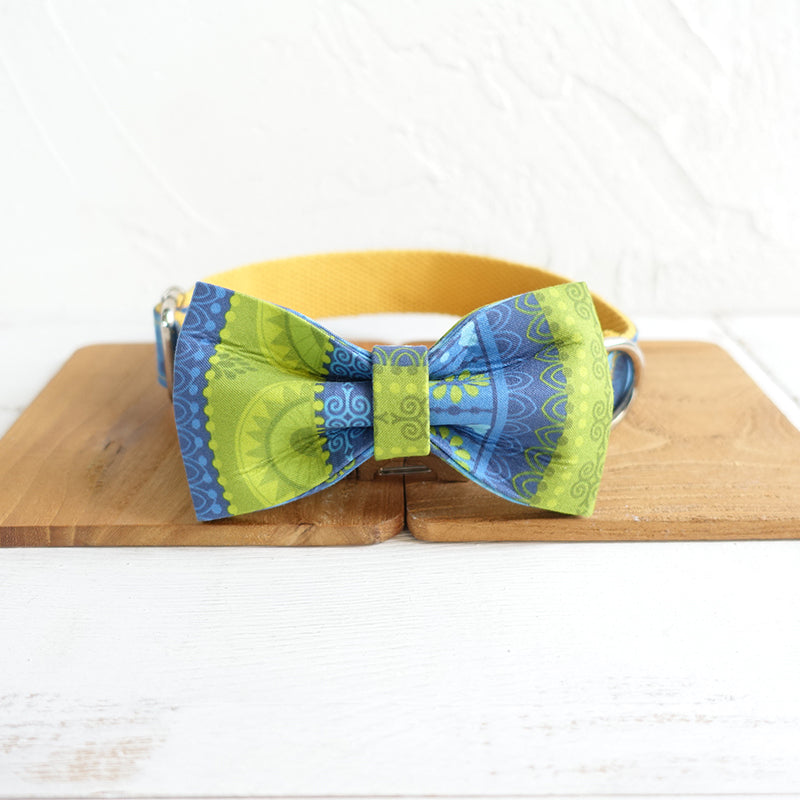 Custom Folk Yellow Dog Collar Bow Tie Set