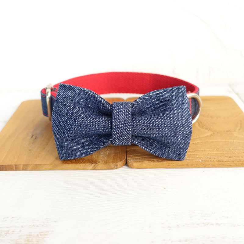 Custom Red Denim Dog Collar Bow Tie Set