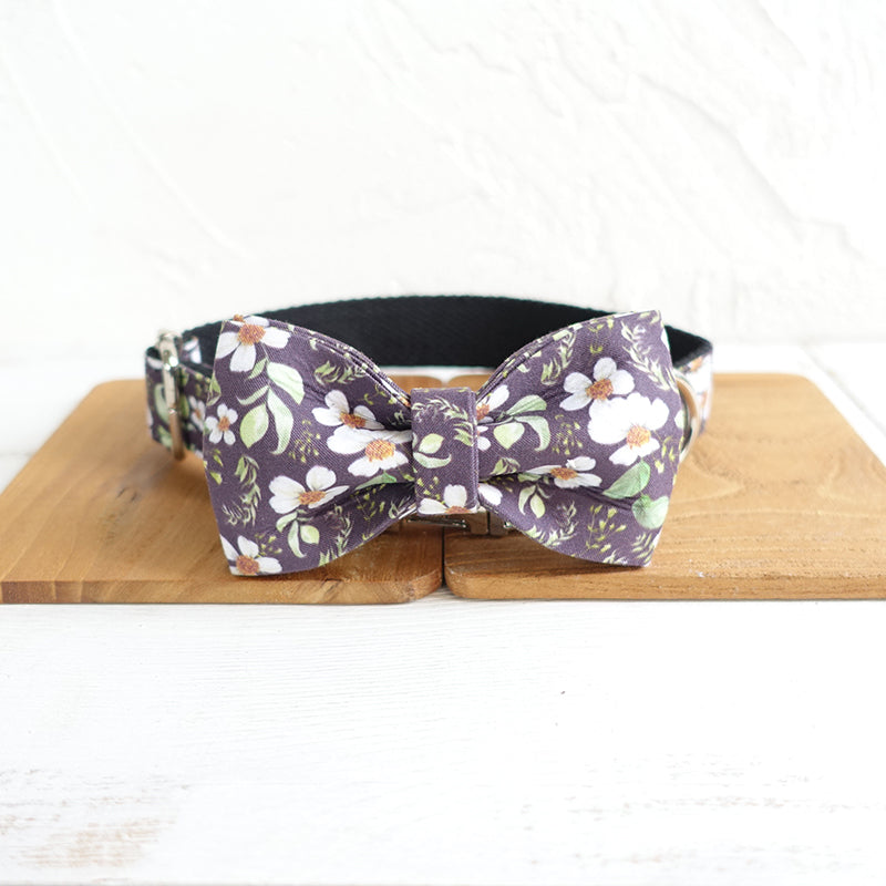 Custom Black Daisy Dog Collar Bow Tie Set