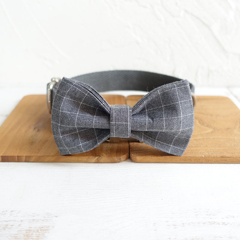 Custom Gray Plaid Dog Collar Bow Tie Set