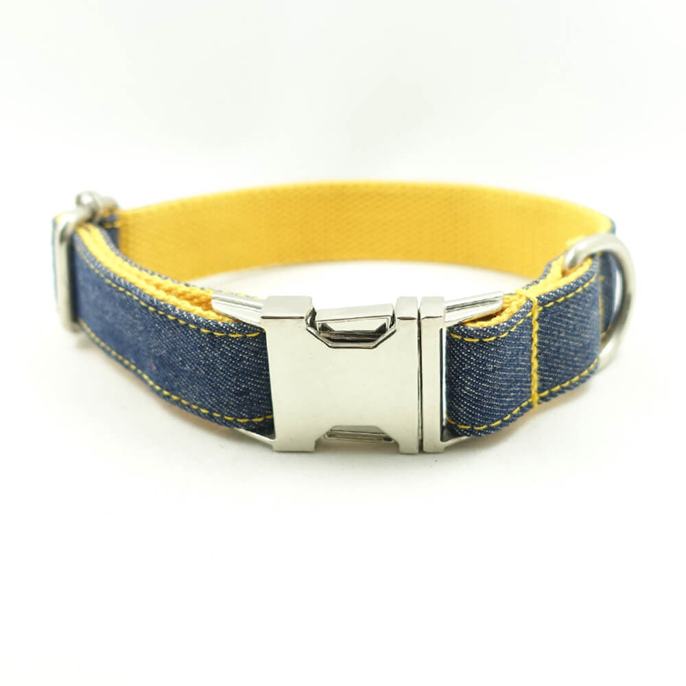 Custom Yellow Denim Dog Collar And Leash Set