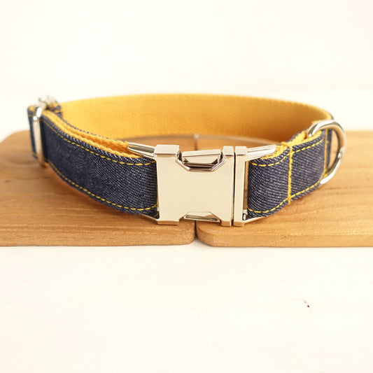 Custom Yellow Denim Dog Collar And Leash Set