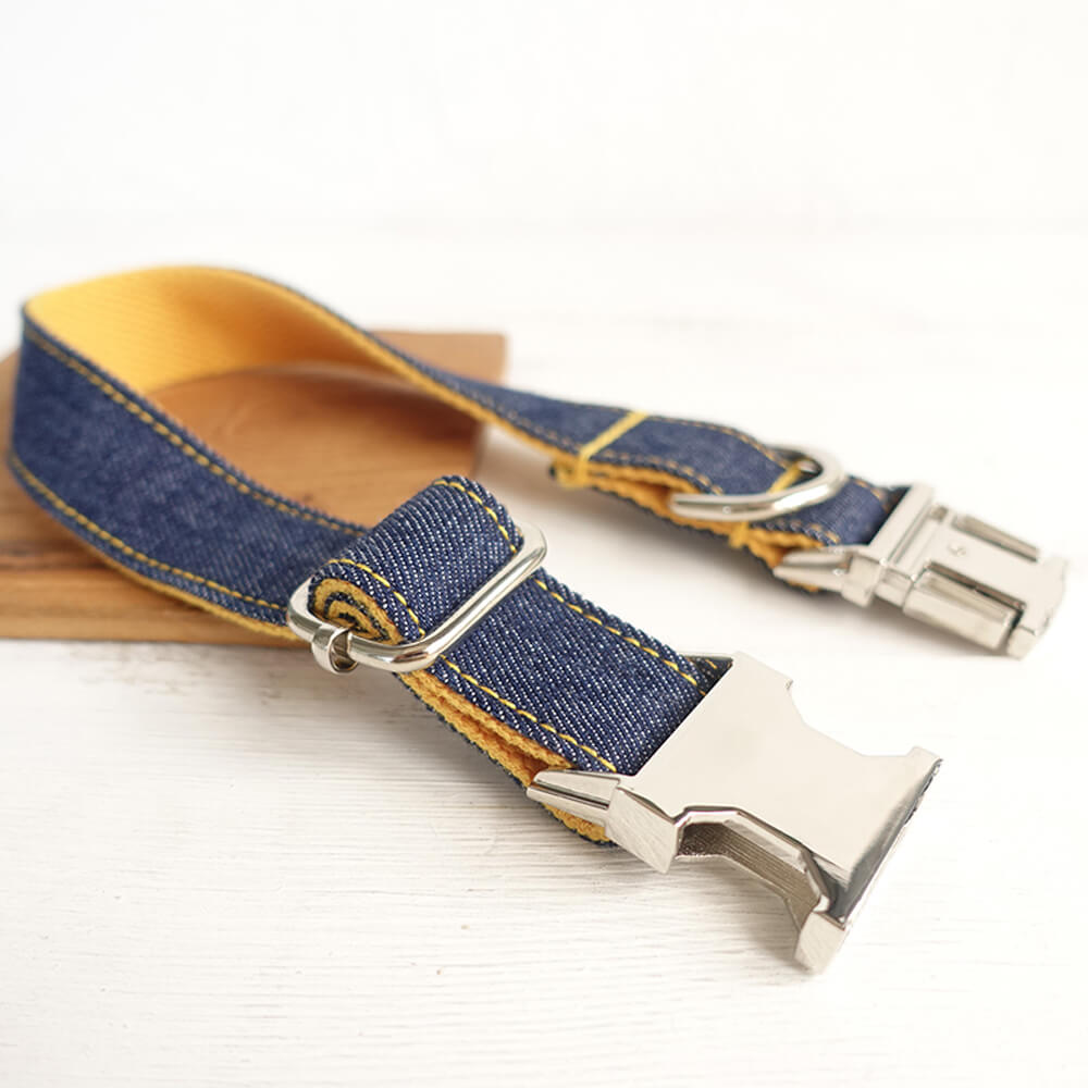 Custom Yellow Denim Dog Collar And Leash Set