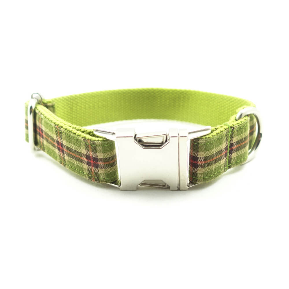 Custom Green Plaid Dog Collar Bow Tie Set