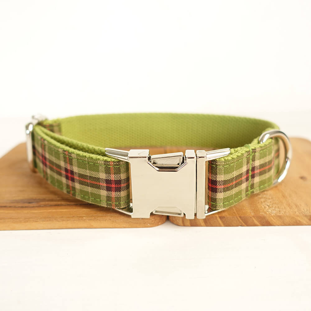 Custom Green Plaid Dog Collar Bow Tie Set