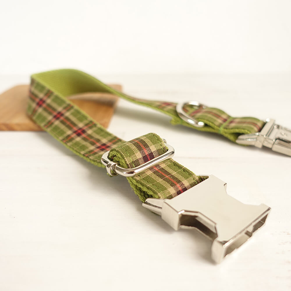 Custom Green Plaid Dog Collar Bow Tie Set