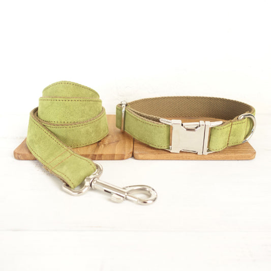 Custom Velvet Green Dog Collar And Leash Set