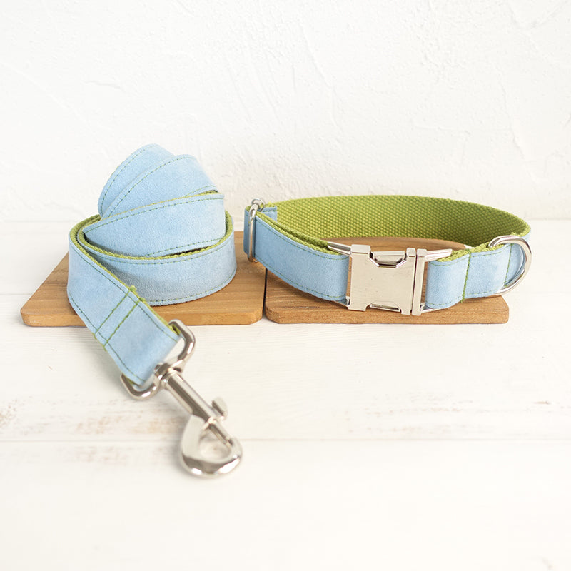 Custom Blue Cover Green Dog Collar And Leash Set