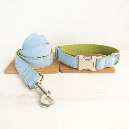 Custom Blue Cover Green Dog Collar And Leash Set