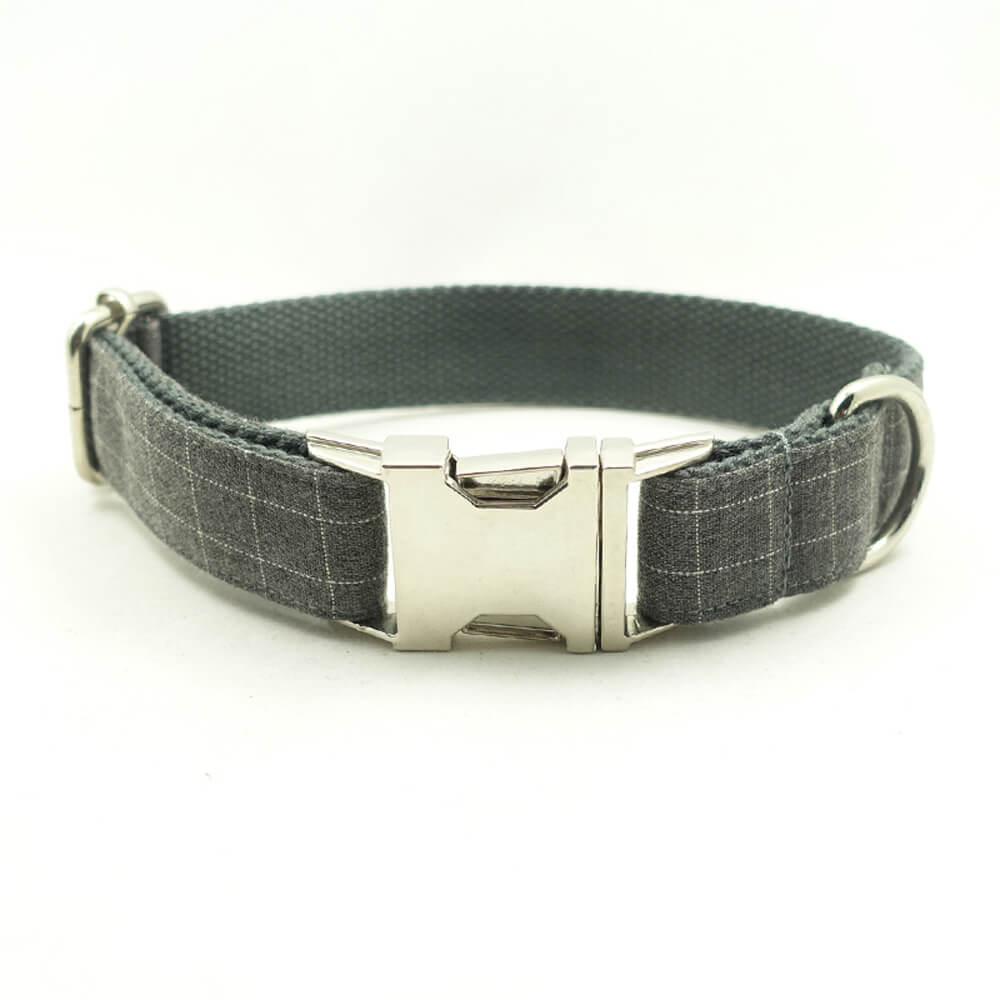 Custom Gray Plaid Dog Collar And Leash Set