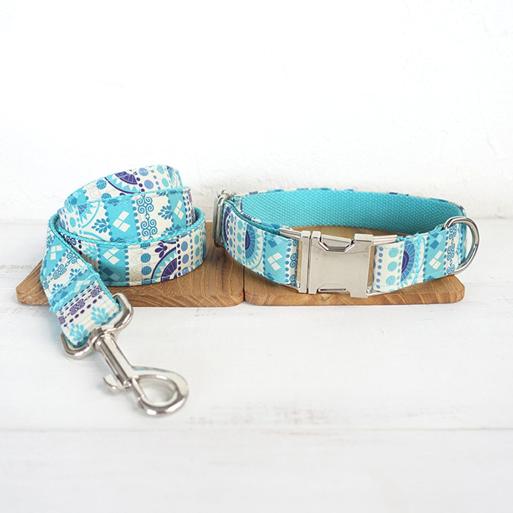 Custom Folk Blue Dog Collar And Leash Set