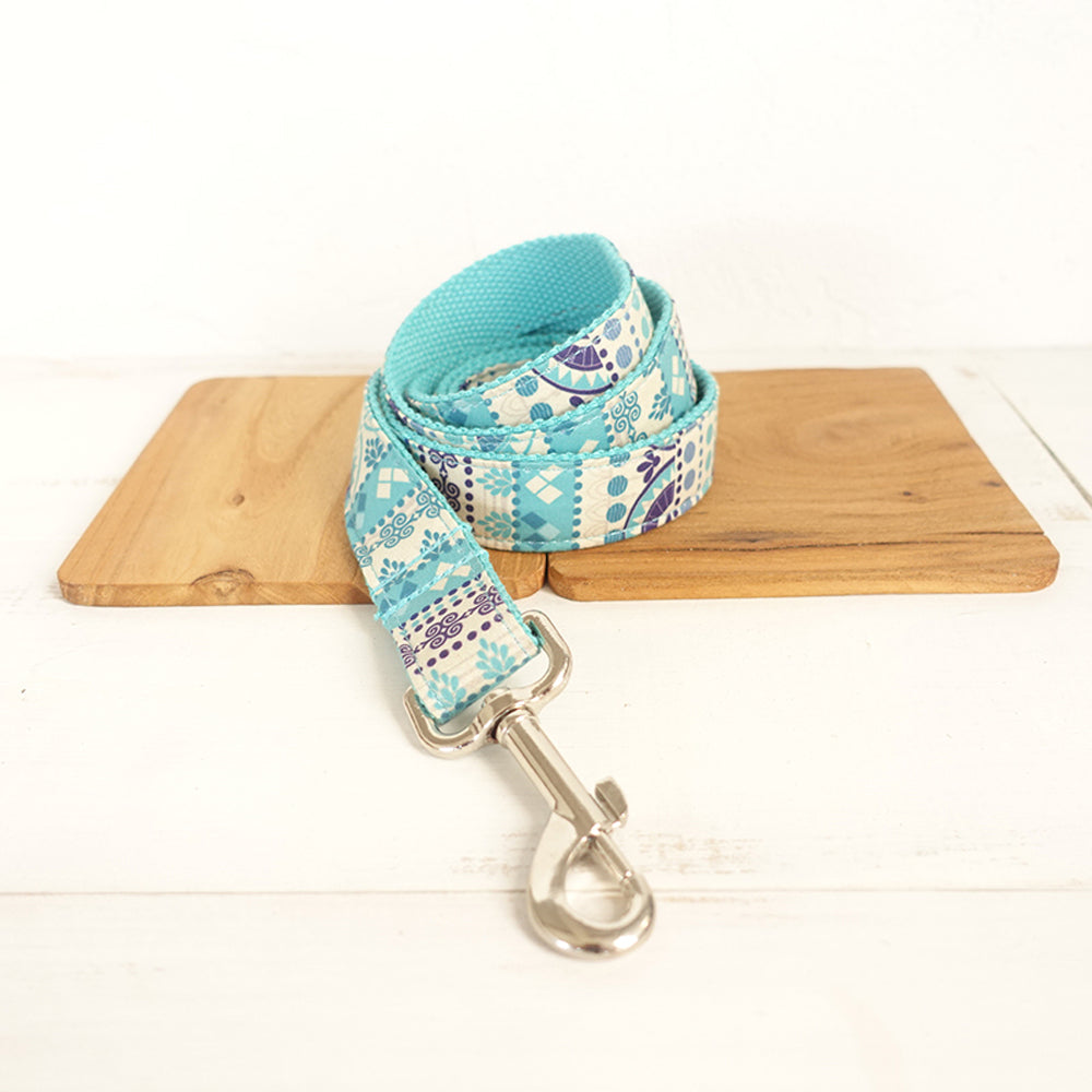 Custom Folk Blue Dog Collar And Leash Set