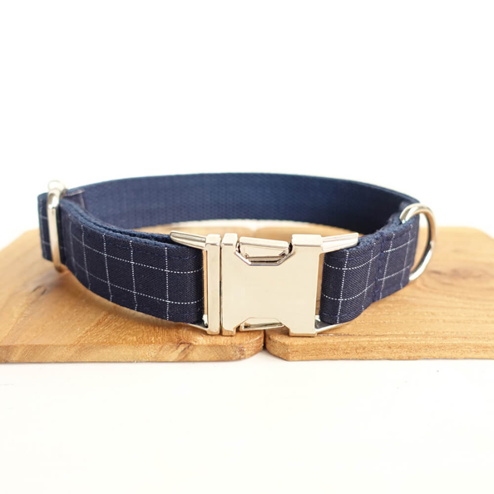 Custom Deep Blue Plaid Dog Collar And Leash Set