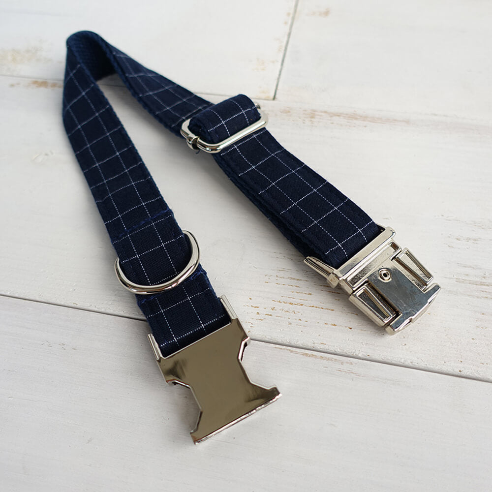 Custom Deep Blue Plaid Dog Collar And Leash Set