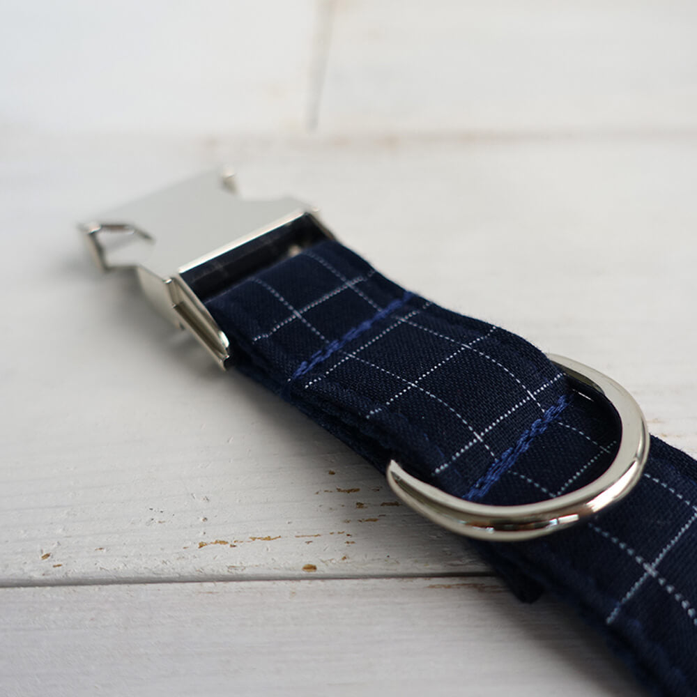 Custom Deep Blue Plaid Dog Collar And Leash Set