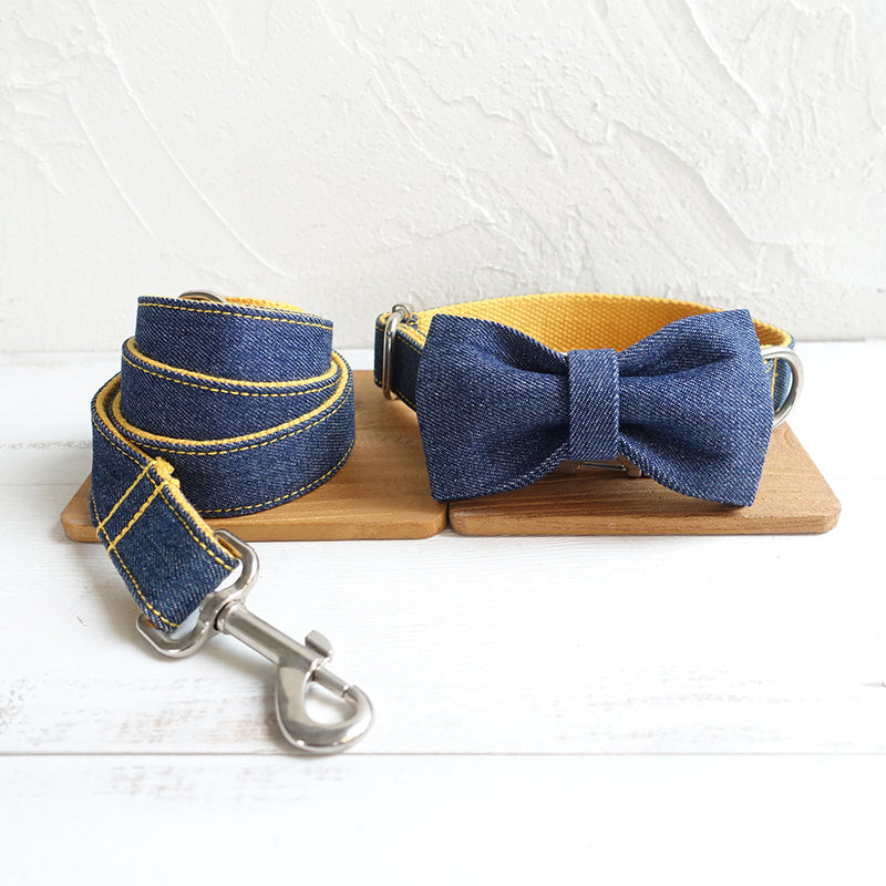 Custom Yellow Denim Dog Collar Set