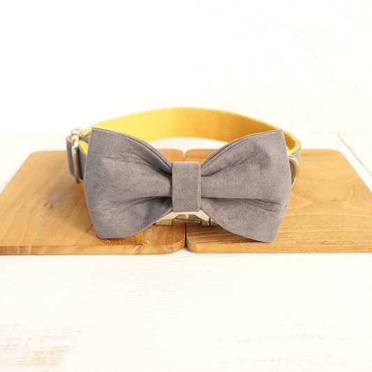 Custom Gray Cover Yellow Dog Collar Bow Tie Set