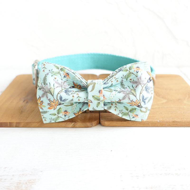 Custom Blue Flower Dog Collar Bow Tie Set