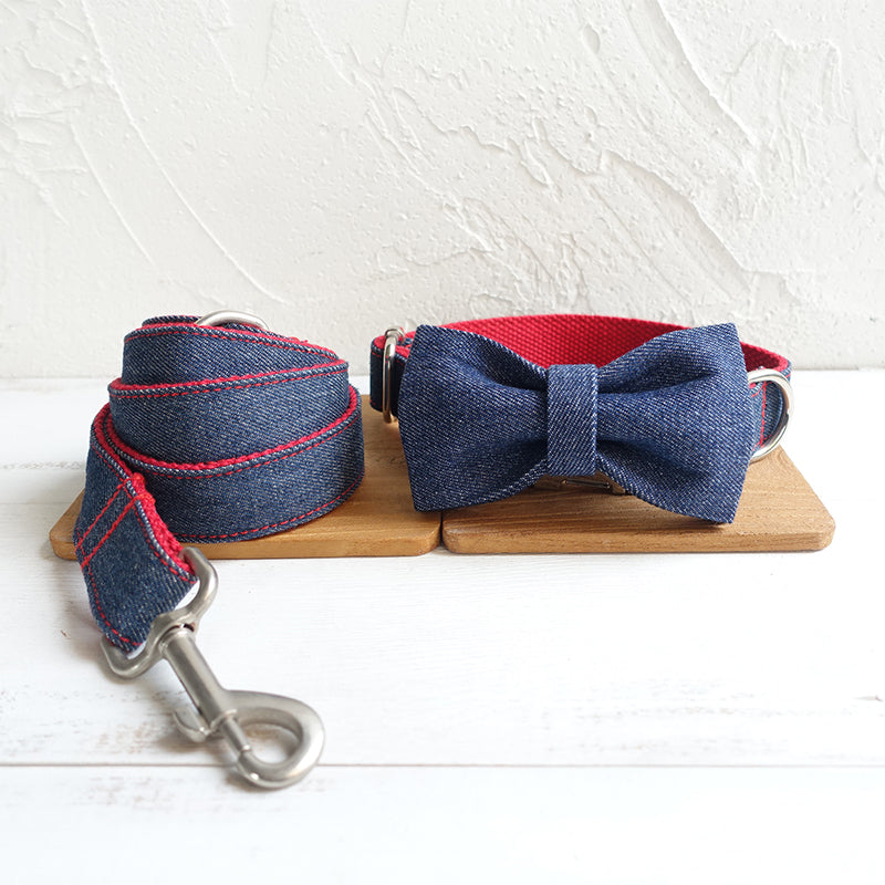 Custom Red Denim Dog Collar Set