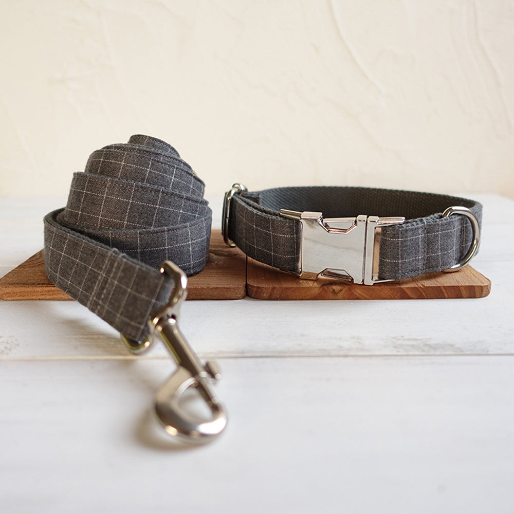 Custom Gray Plaid Dog Collar And Leash Set