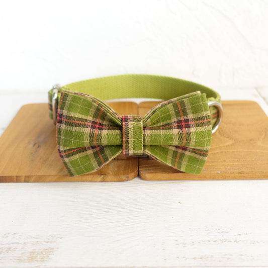 Custom Green Plaid Dog Collar Bow Tie Set