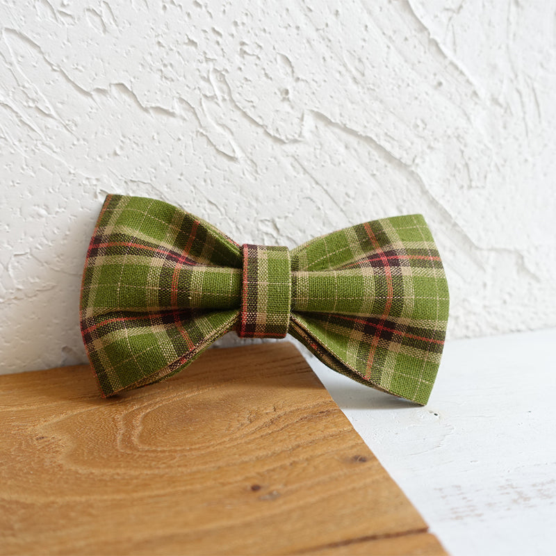 Custom Green Plaid Dog Collar Bow Tie Set