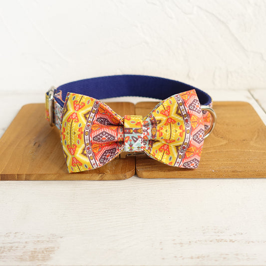 Custom Blue Bohemian Dog Collar Bow Tie Set