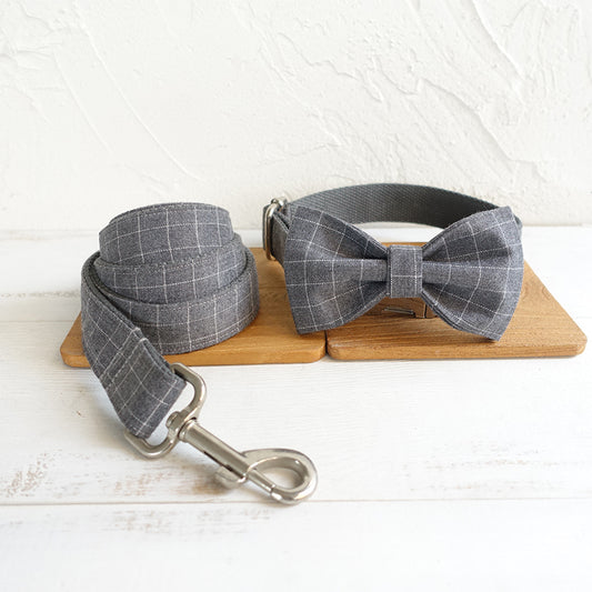 Custom Gray Plaid Dog Collar Set