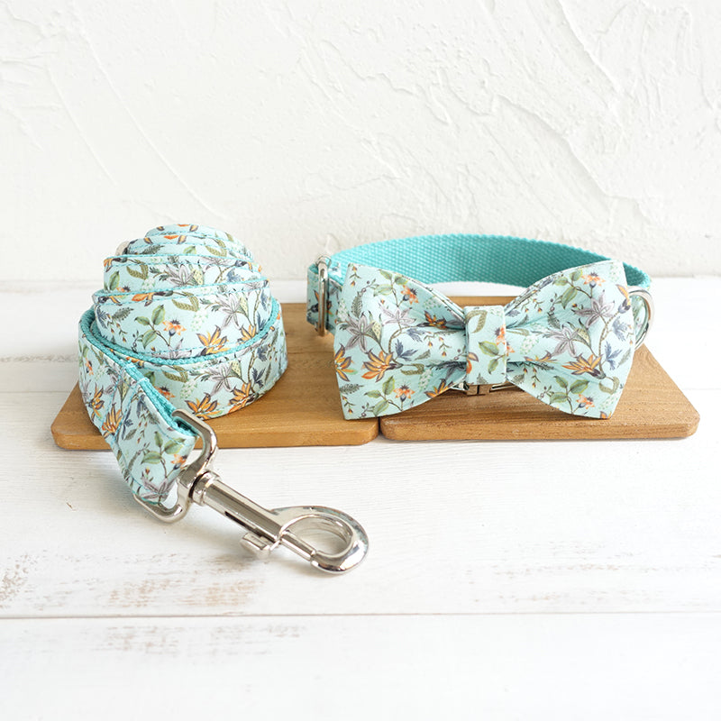 Custom Blue Flower Dog Collar Set