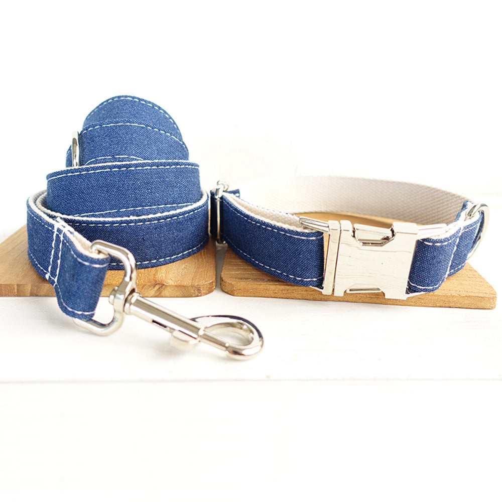 Custom White Denim Dog Collar And Leash Set