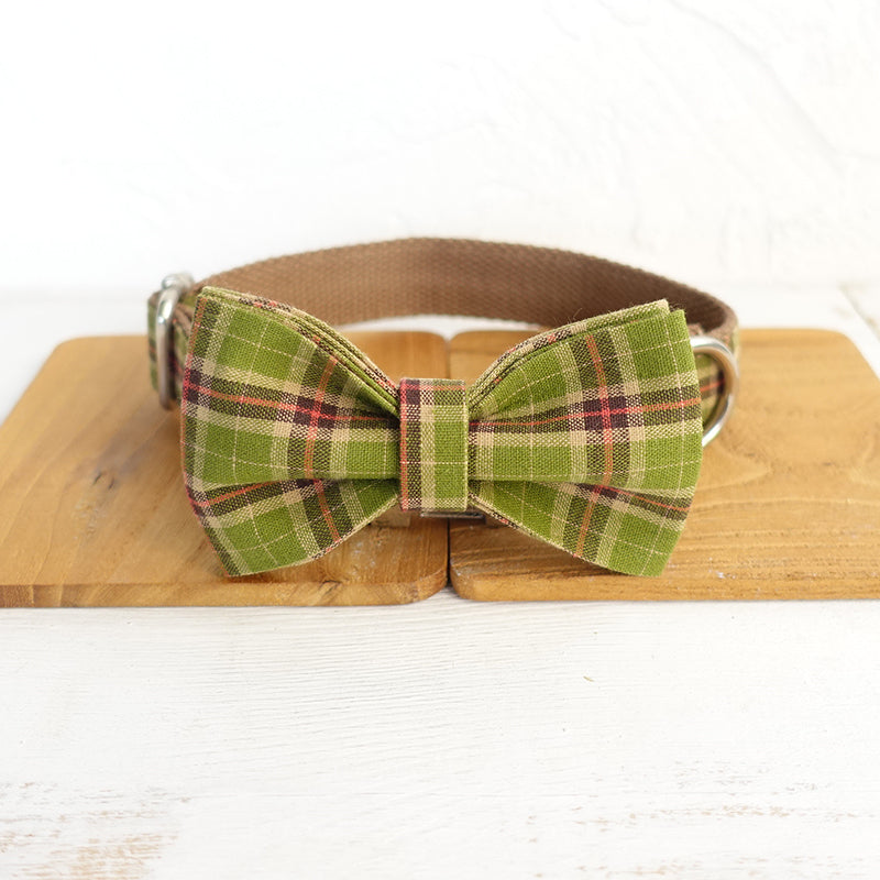 Custom Tree Green Plaid Dog Collar Bow Tie Set