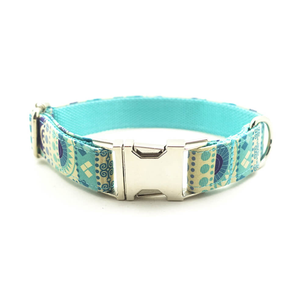 Custom Folk Blue Dog Collar And Leash Set