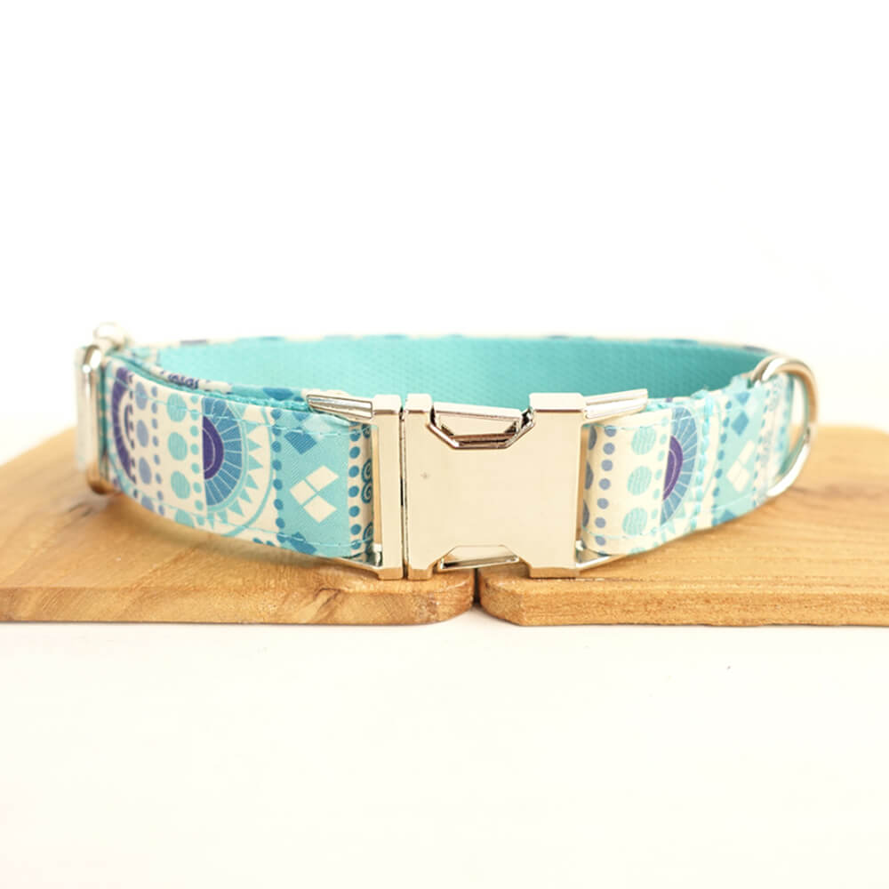 Custom Folk Blue Dog Collar And Leash Set